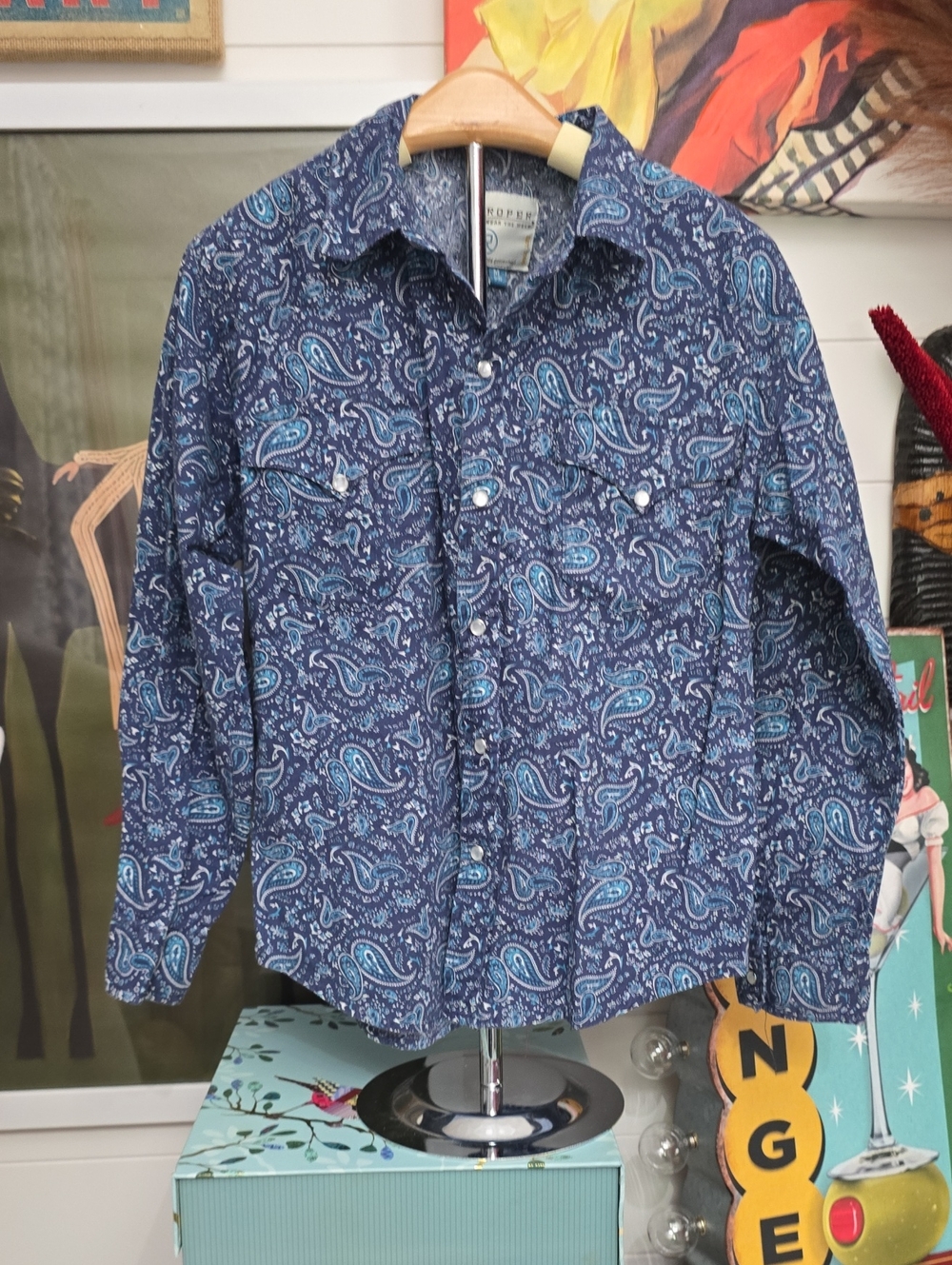 Girls 8 10 Roper Navy and Teal Paisley Pearl Snap Western Shirt